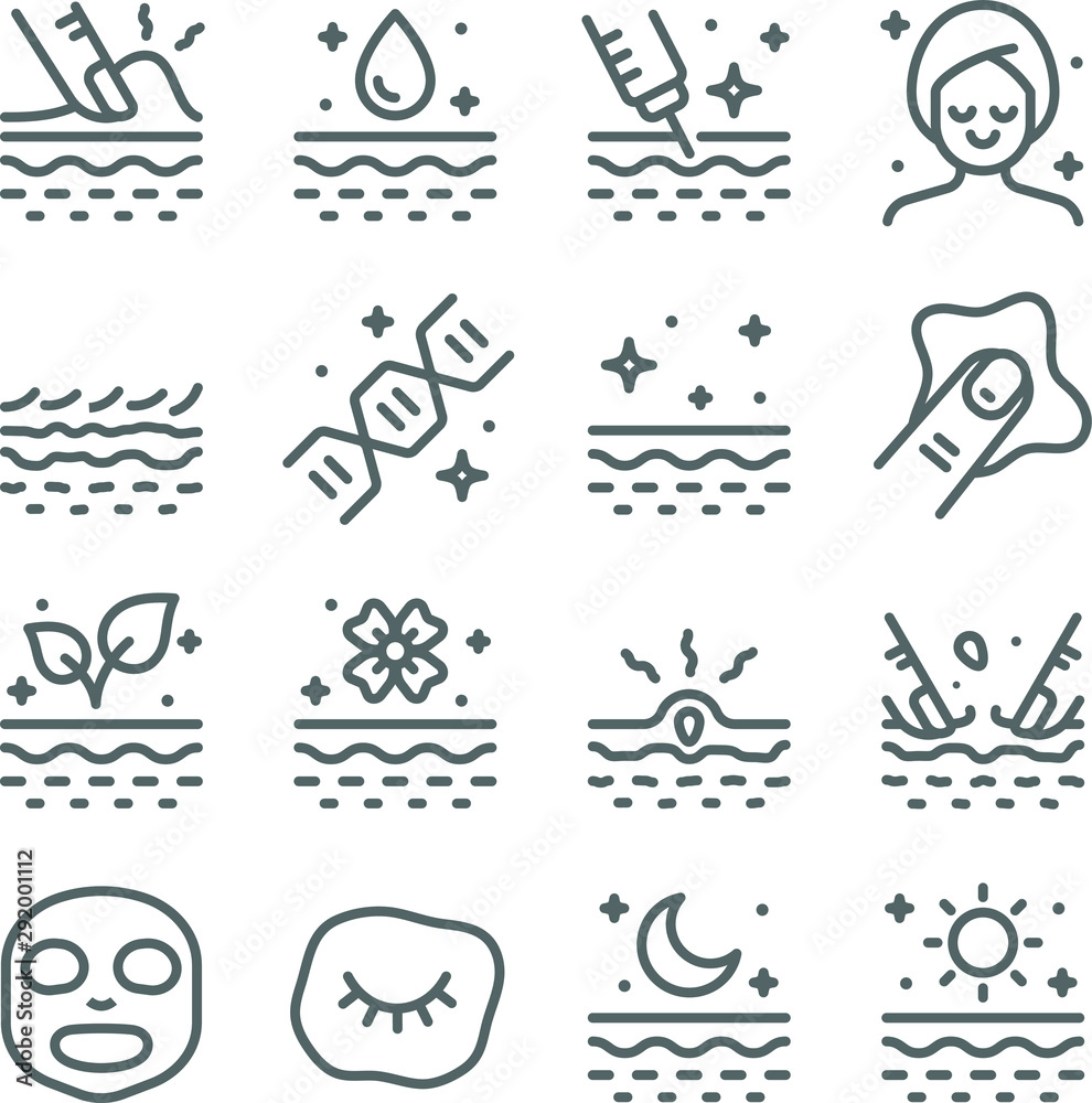 Skin Care Vector Line Icon Set. Contains such Icons as Moisturizing, Face Mask, Dermatology, Collagen, Skin Care and more. Expanded Stroke