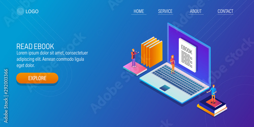 People reading ebook online, ebook on a laptop screen, e-learning, digital library concept. 3d isometric design web banner template with characters.