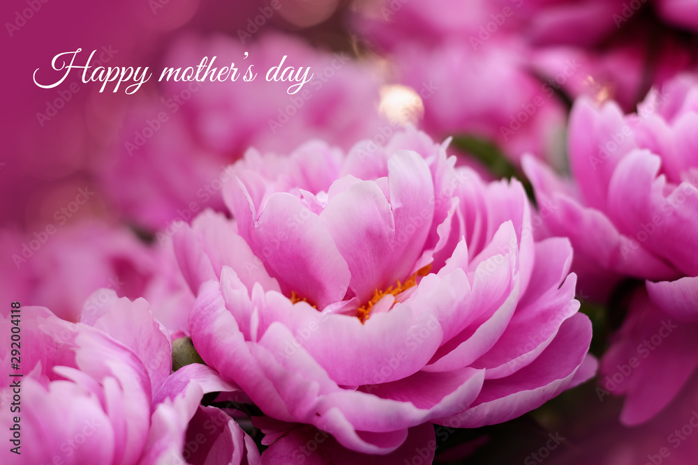 Mothers day card. Pink peony flower blurred background. Peonies floral wallpaper