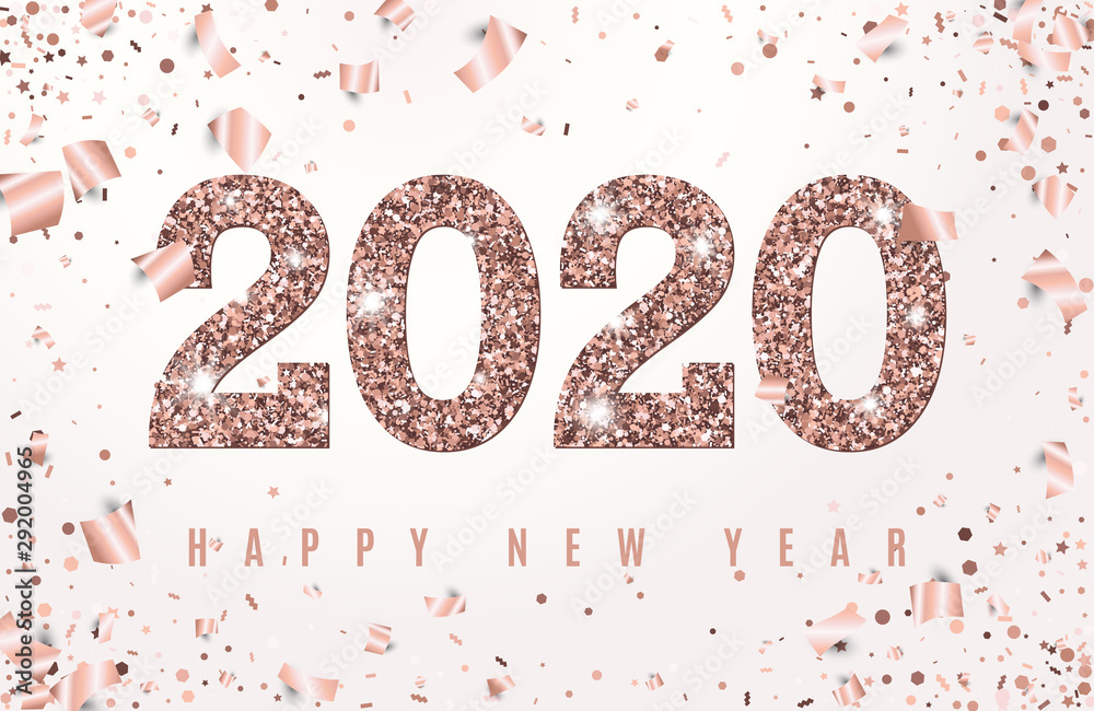 Happy New Year Banner with glowing Rose Gold 2020 Numbers on white Background with Flying geometric and foil paper Confetti. Vector illustration. All isolated and layered - obrazy, fototapety, plakaty 