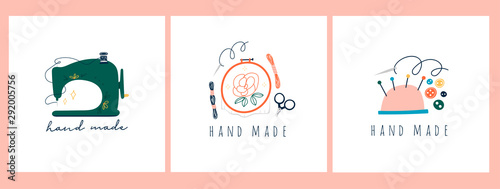 Needlework concept. Embroidery hoop, sewing machine, scissors, threads. Trendy vector illustrations. Pre-made logos for your own design. Isolated on white background. Cartoon style. Flat design