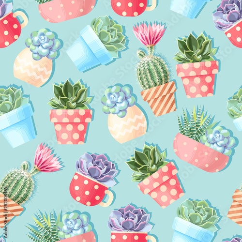 High detail succulent and cactus seamless pattern