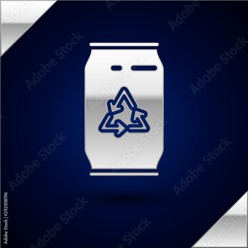 Silver Can with recycle symbol and can icon isolated on dark blue background. Trash can icon. Garbage bin sign. Recycle basket sign. Vector Illustration