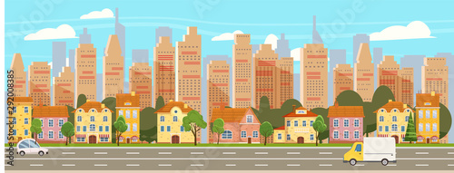 Urban cityscape old town historical buildings downtown background modern skyscrapers, road cars