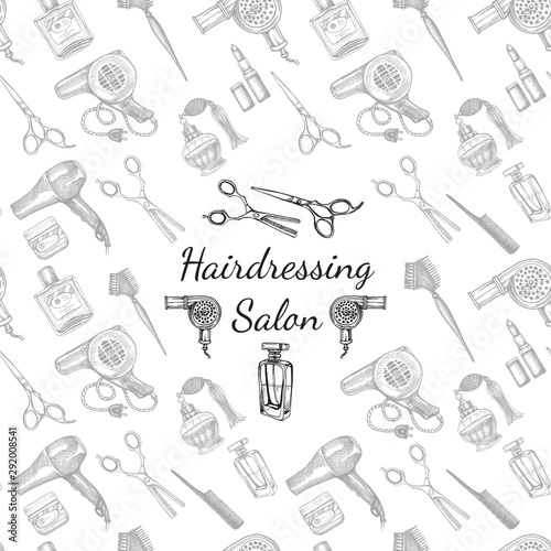 Hand drawn sketch pattern for barbershop. Accessories for the hairdresser, made in graphic style.