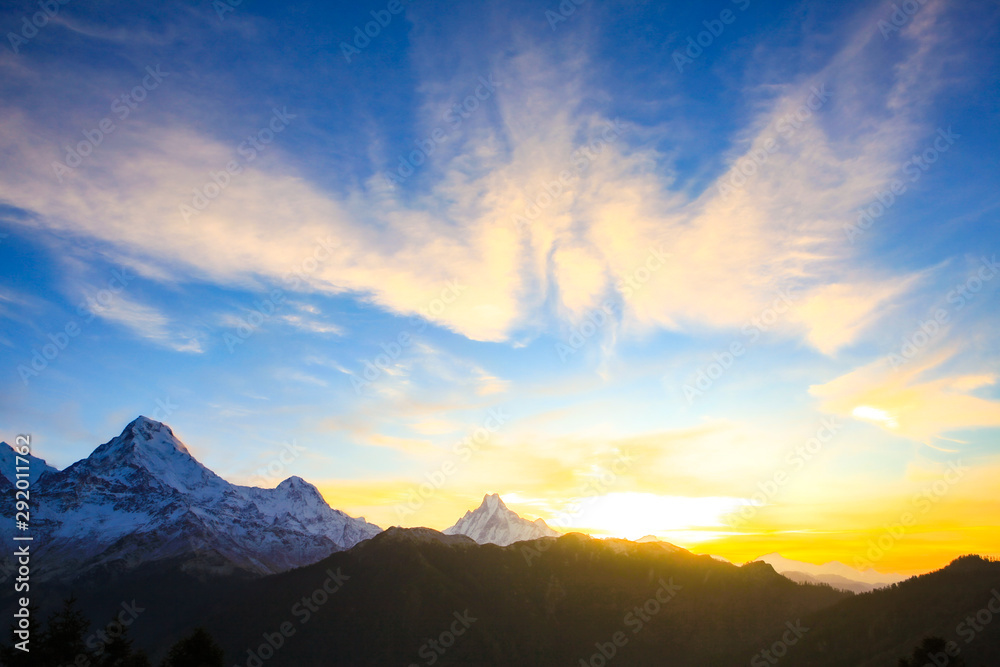 Panoramic view of sunrise and clear sky with cloud on the hiking travel of Himalaya mountain.