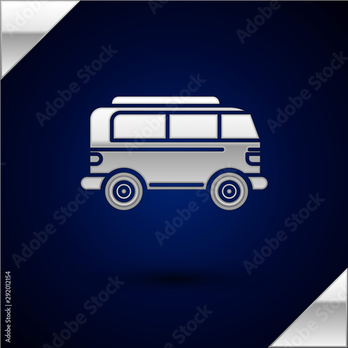 Silver Retro minivan icon isolated on dark blue background. Old retro classic traveling van. Vector Illustration