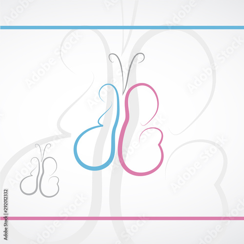 Vector logo desgin. Mother and child line in butterfly shape. Pregnat mother and mother holding baby in hand. Pink and blue colour. Watermark. Maternity and care