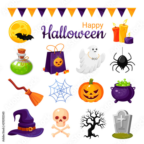 Halloween decoration cartoon color vector illustrations set