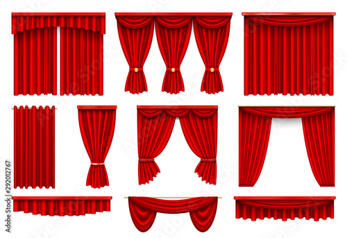 Stage red curtains realistic vector illustrations set