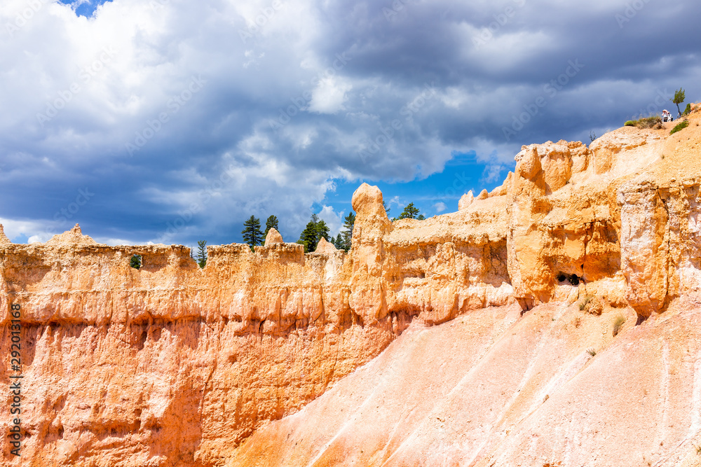 Landscape view of hoodoos rock formations and storm clouds at Bryce Canyon National Park in Utah Queens Garden Navajo Loop trail