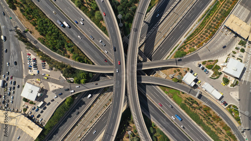 Aerial view of popular highway multilevel junction road, passing through National motorway and Attiki Odos, Attica, Greece