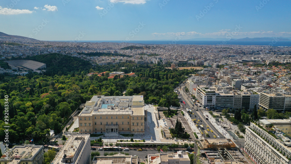 Greek Parliament building view in centre of Athens, Syntagma square, Attica, Greece
