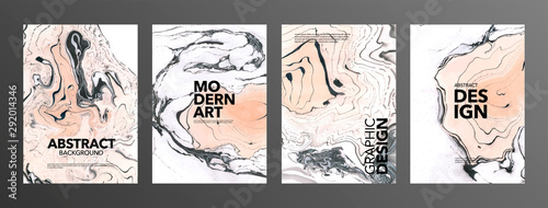 Set of creative vector marble cards. Hand Drawn textures made with special ink. Ochre, black and white marble background.
