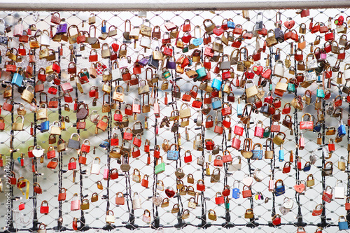Closeup of love lockers at famous bridge Makartsteg in Salzburg  Austria. Padlocks of love on a bridge
