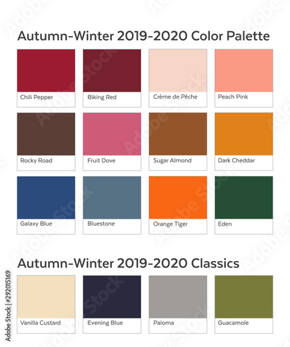 Autumn Winter 2019 - 2020 Color Palette Example. Future Color Trend Forecast. Saturated and Classic Neutral Color Samples Set. Palette Guide with Named Color Swatches Included in EPS File.