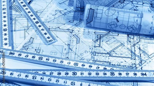 Wallpaper Mural Blueprints - architectural drawings, yardstick - folding ruler smoothly rotate on the surface of the architectural plan of a modern house Torontodigital.ca