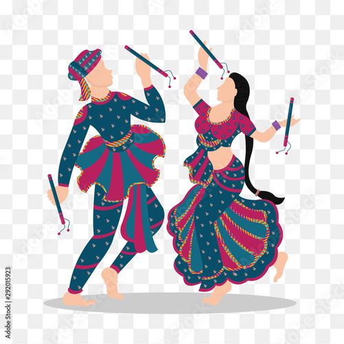 Vector illustration of couple dance on garba in indian festival of navratri design on PNG background .