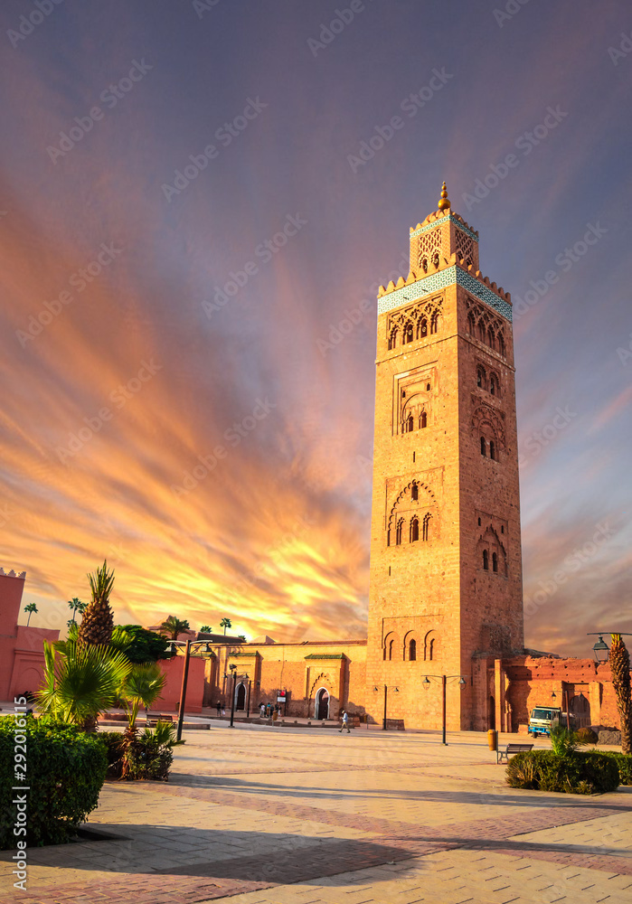 Koutoubia Mosque minaret in old medina of Marrakesh, Morocco