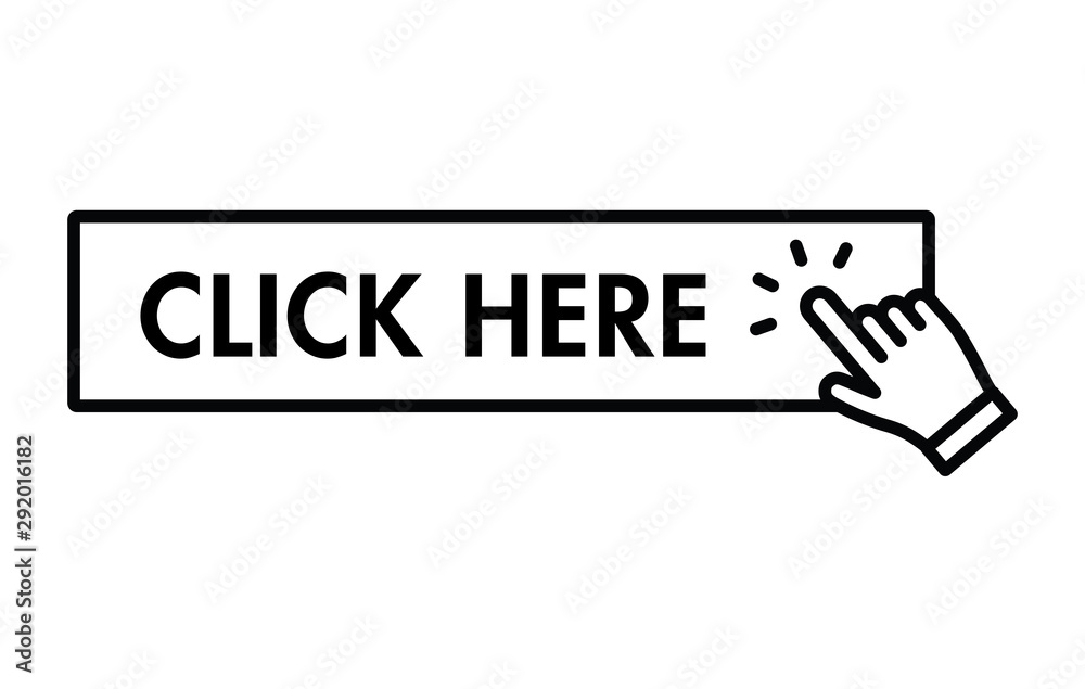 Click here button with hand clicking icon. Click here button with hand clicking icon.