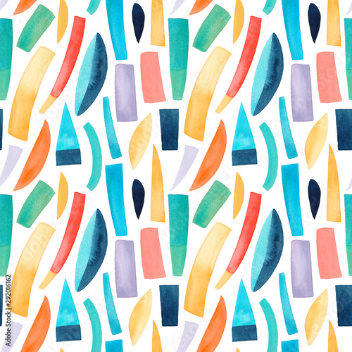 Geometric watercolor seamless pattern with colorful shapes. Splash watercolor texture background.