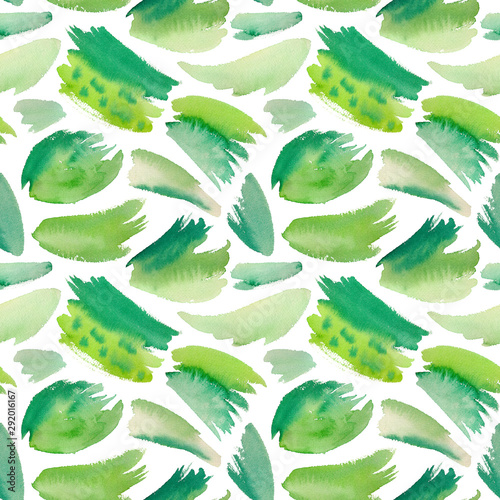 Watercolor seamless pattern with green brush strokes. Bright colorful watercolor background.