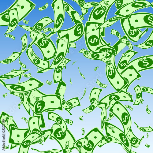 American dollar notes falling. Random USD bills on