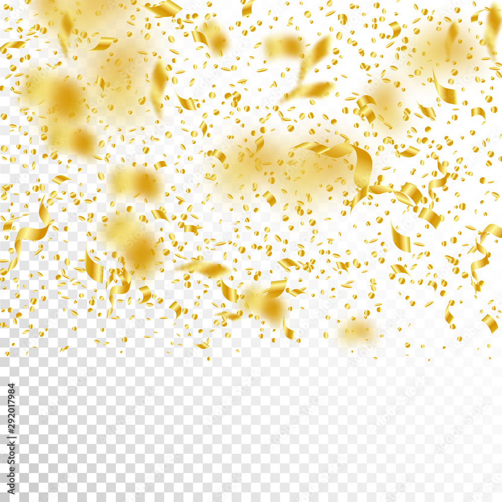Streamers and confetti. Gold tinsel and foil ribbo Streamers and confetti. Gold tinsel and foil ribbo