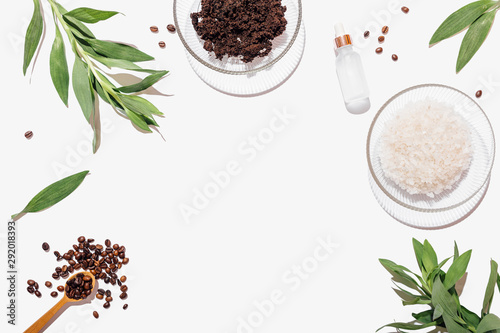 Flat lay composition of ingredients for homemade coffee scrub