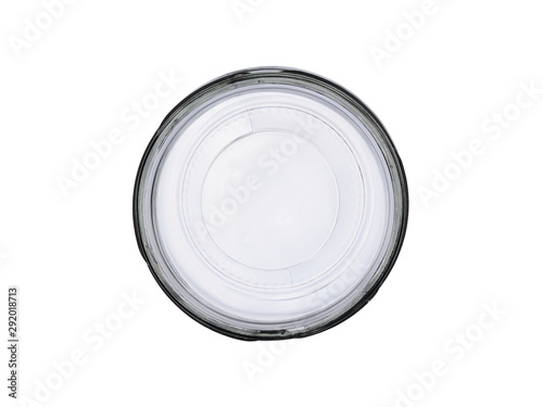 Open empty glass jar on white background. Top view