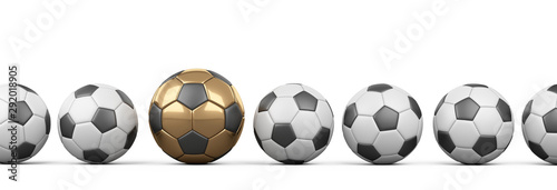 Soccer balls in a row, one of them is golden. © Oleksandr