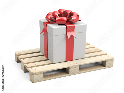 Wooden pallet with gift box, ribbons and red bow. Festive delivery.