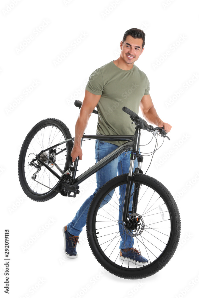 Handsome young man with modern bicycle on white background Handsome young man with modern bicycle on white background