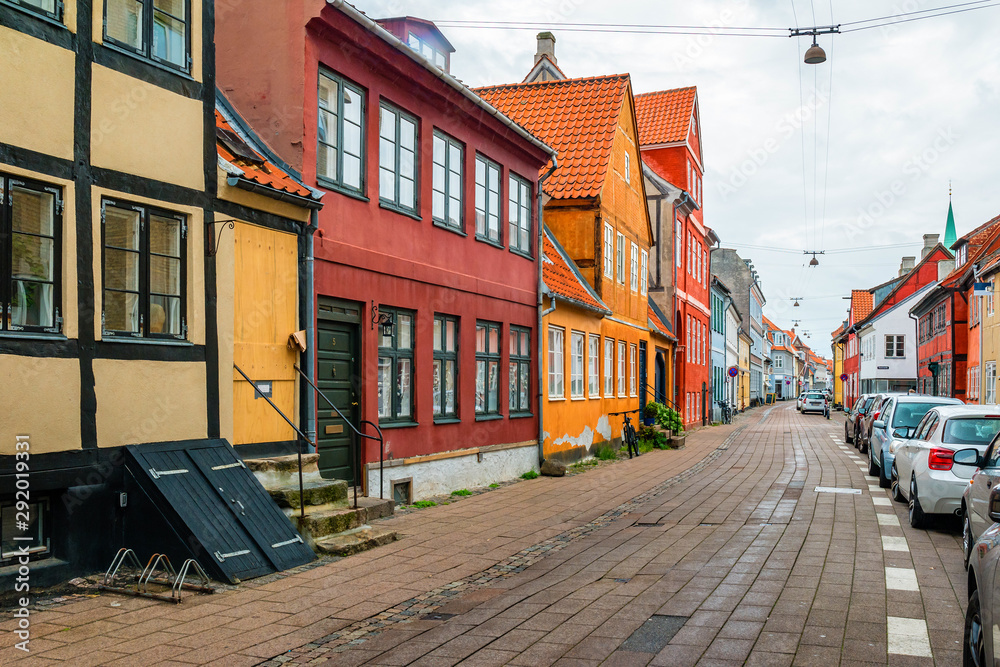 Street view with colorful buildings in Helsingor, Denmark