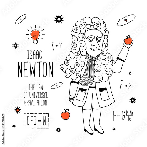  Isaac Newton. Vector illustration. Cartoon illustration of Isaac Newton. Law of gravity.