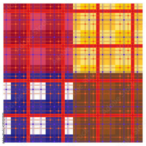 Set of four, colorful, textured twill plaid, tartan checkered, repeat pattern for holiday/festive wear textile/fabric. 