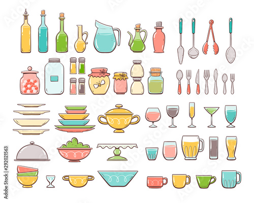 Big set of 55 colorful hand drawn kitchen utensils, including glasses, cups, jars, bottles, dishes and different tools to serve food.