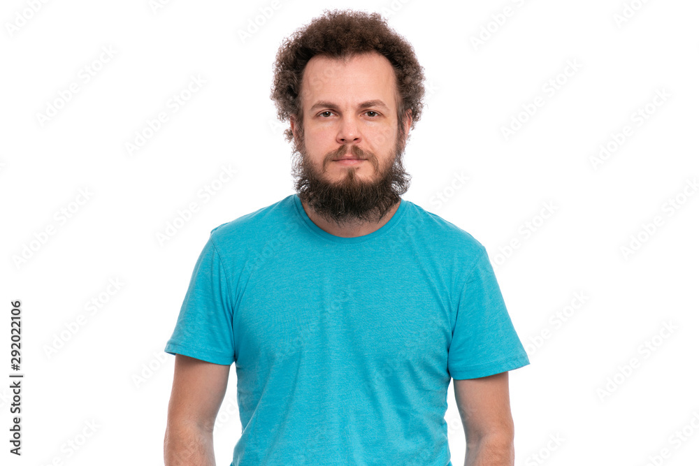 Crazy bearded Man with funny Curly Hair, isolated on white background. Looking at camera. Emotions and signs concept. Crazy bearded Man with funny Curly Hair, isolated on white background. Looking at camera. Emotions and signs concept.