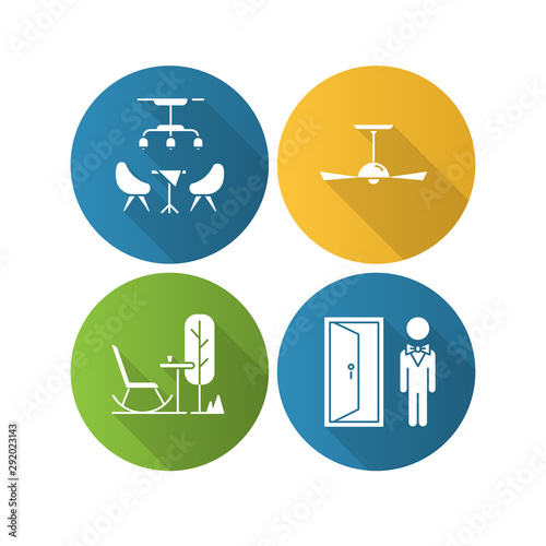 Apartment amenities flat design long shadow glyph icons set.. Doorman, lobby bar, outdoor rest furnishing, ceiling ventilator. Comfortable services. Vector silhouette illustration