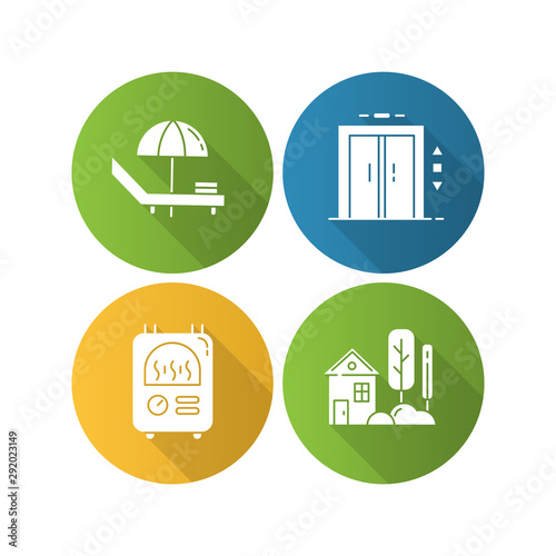 Apartment amenities flat design long shadow glyph icons set. Chaise longue, elevator lift, central heating, small village cottage with garden. Comfortable accommodation. Vector silhouette illustration