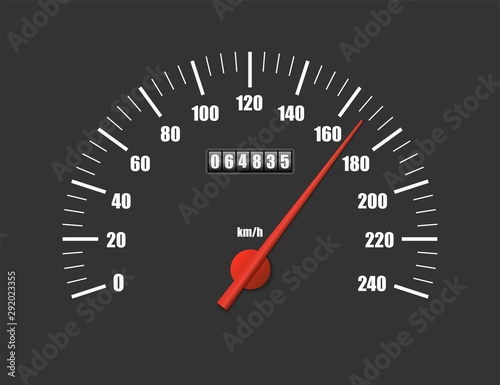 Realistic speedometer isolated on black background. Sport car odometer with motor miles measuring scale. Racing speed counter. Engine power concept template. Vector illustration