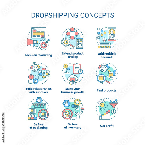 Dropshipping concept icons set. Online business idea thin line illustrations. Focus on marketing, extend product catalog, get profit. Vector isolated outline drawings. Editable stroke