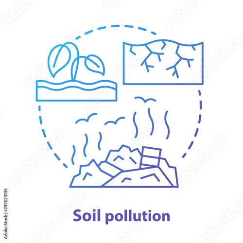 Soil pollution concept icon. Land waste contamination idea thin line illustration in blue. Inefficient use of natural resources. Landfills and garbage dumps problem. Vector isolated outline drawing