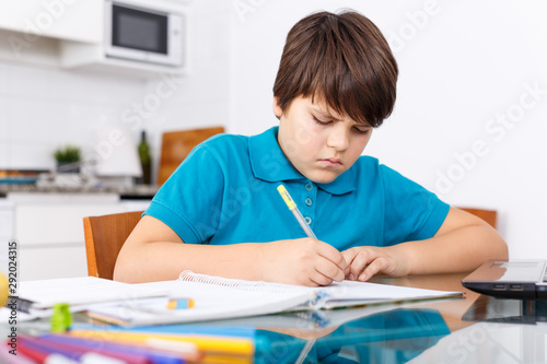 Schoolboy doing homework at kitchen
