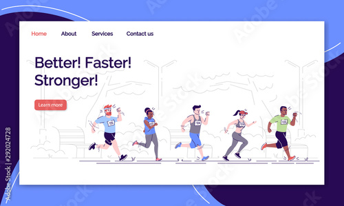 Better, faster, stronger landing page vector template. Marathon website interface idea with flat illustrations. City footrace homepage layout. Healthy lifestyle web banner, webpage cartoon concept