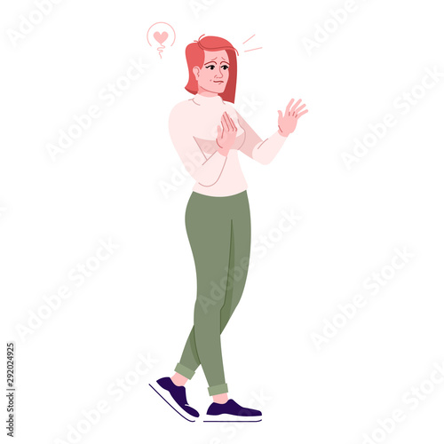 Loving woman flat vector illustration.Aplogizing, sympathetic girl with hand on heart. Regreting lady. Friendly support and empathy isolated cartoon character with outline elements on white background © bsd studio