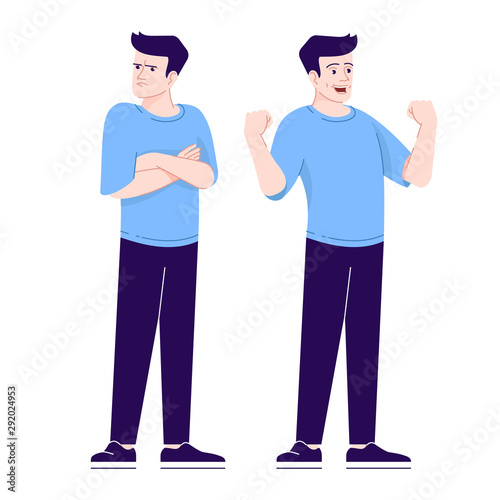 Offended and happy man flat vector illustration. Negative and positive emotions. Angry and cheerful person isolated cartoon characters with outline elements on white background