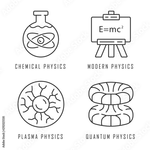 Physics branches linear icons set. Chemical, modern, plasma and quantum  physics. Quantum mechanics. Thin line contour symbols. Isolated vector  outline illustrations. Editable stroke Stock Vector | Adobe Stock