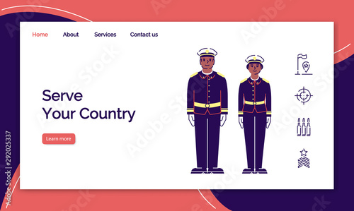 Army service landing page vector template. US soldiers website interface idea with flat illustrations. Officers, sergeants homepage layout. Military guard web banner, webpage cartoon concept