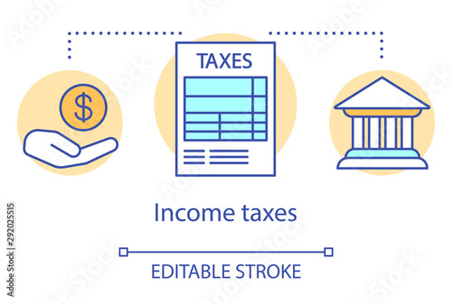 Income taxes concept icon. Revenue accounting idea thin line illustration. Business and individual income taxation. Filing tax documentation. Vector isolated outline drawing. Editable stroke